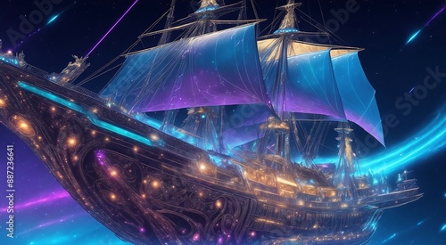 A shimmering holographic astral galaxy galleon, its sleek lines outlined in glowing neon hues against a background of swirling stardust. © Kasun Udayanga