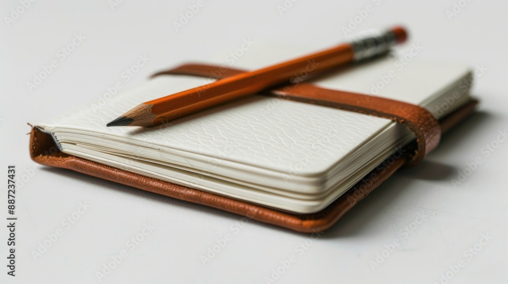 White background with pencil isolated on leather notebook White background with pencil isolated on leather notebook