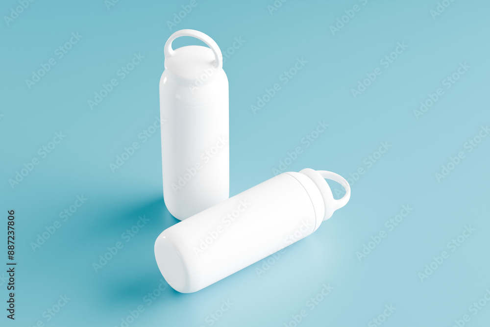Rendering of two white sport tumbler on minimalist blue background for product mockup presentation on acute angle Rendering of two white sport tumbler on minimalist blue background for product mockup presentation on acute angle