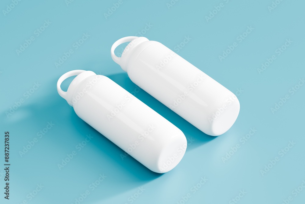 Rendering of two white sport tumbler on minimalist blue background for product mockup presentation on acute angle Rendering of two white sport tumbler on minimalist blue background for product mockup presentation on acute angle