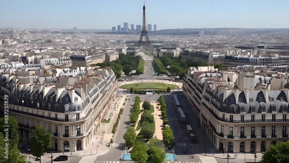 View from Eiffel tower. View of Paris before Olympic games in summer. View from Eiffel tower. View of Paris before Olympic games in summer.