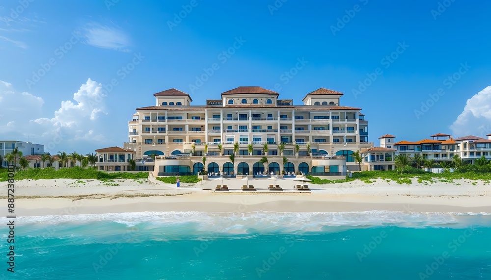 Obraz premium Luxury beachfront resort with white sand and turquoise ocean water