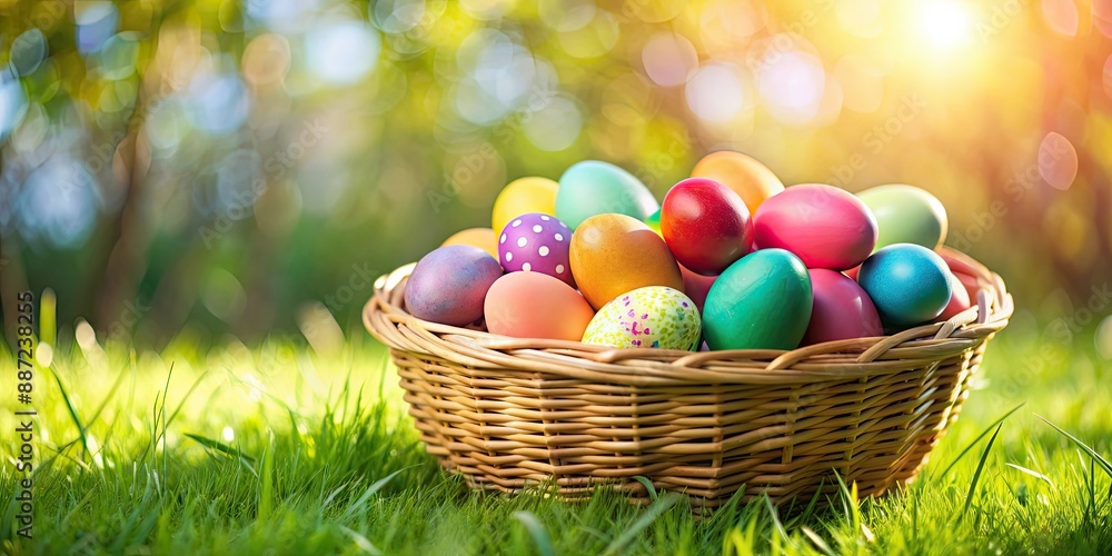 Colorful Easter eggs in a woven basket on a grassy background, Easter, eggs, basket, vibrant, colorful, pastel, spring Colorful Easter eggs in a woven basket on a grassy background, Easter, eggs, basket, vibrant, colorful, pastel, spring
