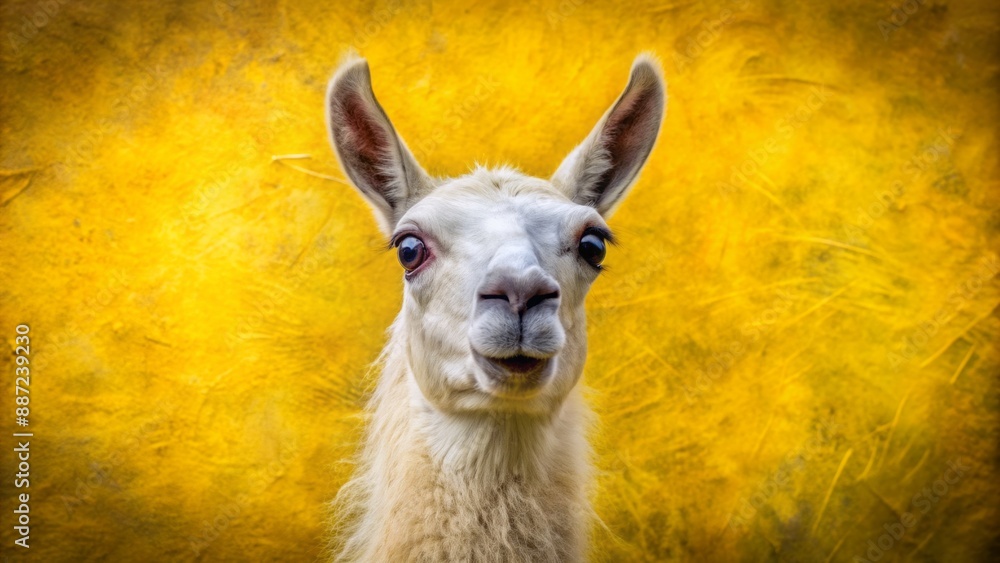 Fototapeta premium Isolated llama with wide eyes and open mouth, astonished expression, standing against bright sunshine yellow textured background.