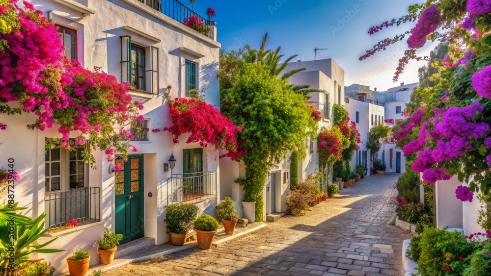 Fototapeta premium Vibrant streets of Bodrum featured white charming houses adorned with blooming curly flowers in warm Mediterranean sunlight atmosphere.