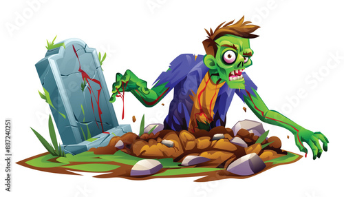 Zombie with ragged clothes rising from the ground near a tombstone. Vector cartoon illustration