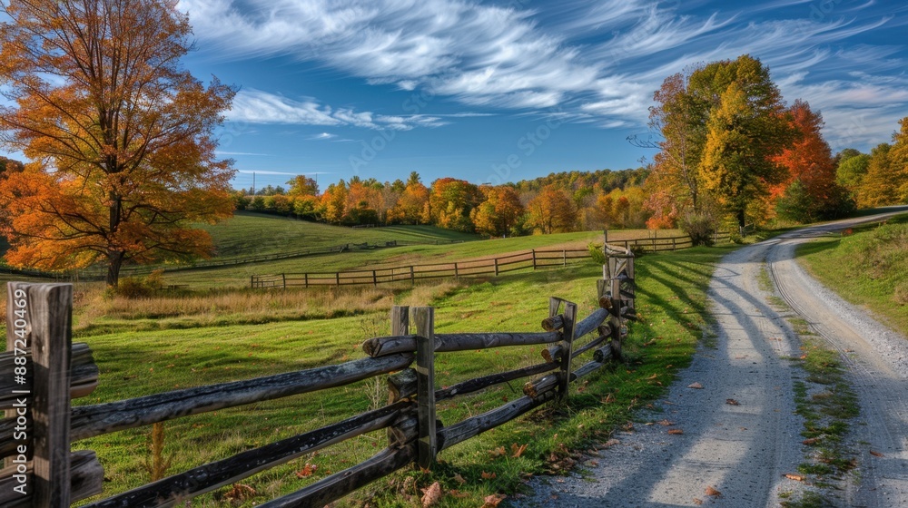 Naklejka premium Rural Road Background: Tranquil rural path meandering through fields and forests, lined by a weathered wooden fence, under a clear blue sky dotted with scattered clouds. 