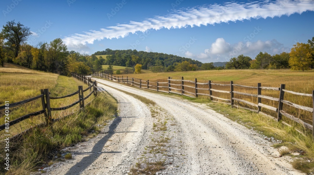 Rural Road Background: Quiet country trail winding through picturesque landscapes of fields and trees, with a rustic wooden fence under a clear blue sky and sparse clouds.
Rural Road Background: Quiet country trail winding through picturesque landscapes of fields and trees, with a rustic wooden fence under a clear blue sky and sparse clouds.