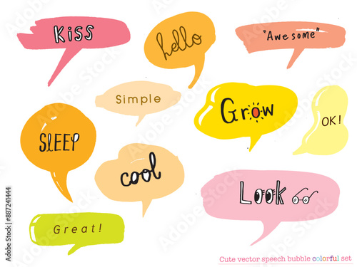 Cute vector speech bubble colorful set,Hand drawn set of speech bubbles with handwritten for book ,card, business, poster design. Vector illustration design for fashion fabrics,cute doodle