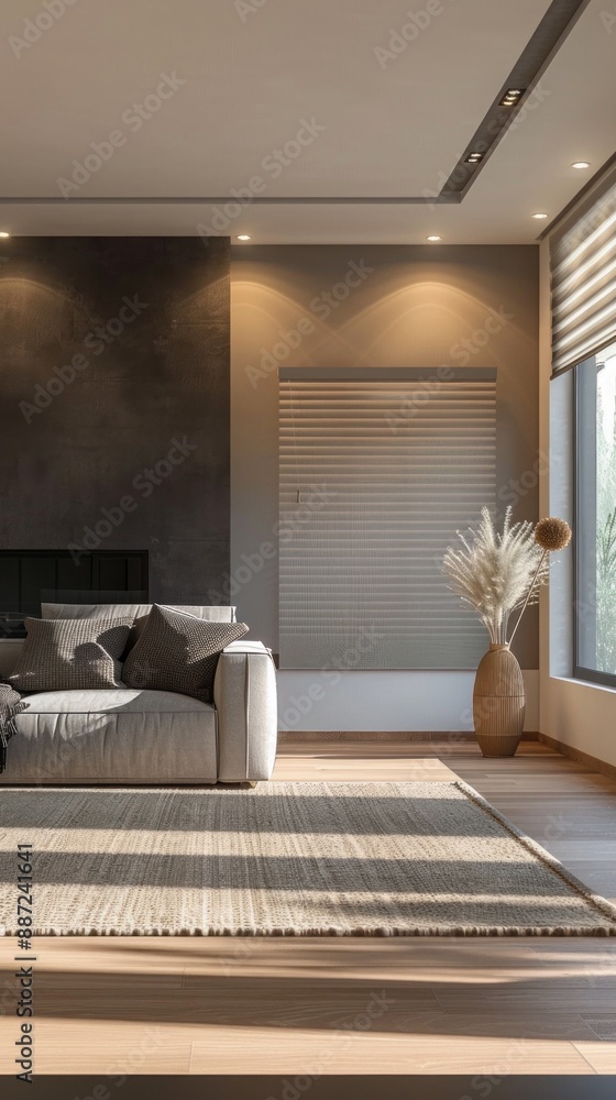 Fototapeta premium Modern living room interior with couch and fireplace, window. Mockup empty wall 
