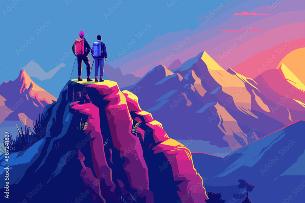 Two hikers on mountain peak at sunset. Vibrant sky and scenic landscape.