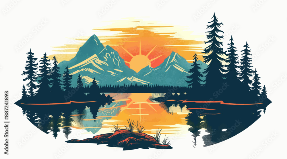 Sunrise over mountains with lake reflection. Silhouetted pine trees and vibrant colors.