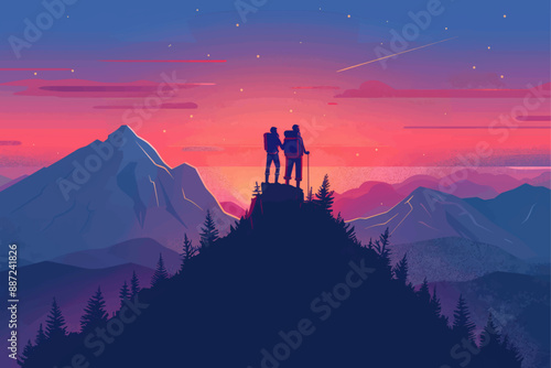 Two hikers on mountain peak at sunset. Vibrant sky and scenic landscape.