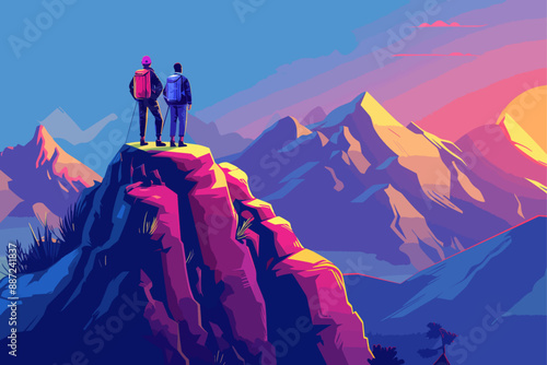 Obraz na płótnie Two hikers on mountain peak at sunset. Vibrant sky and scenic landscape. w salonie