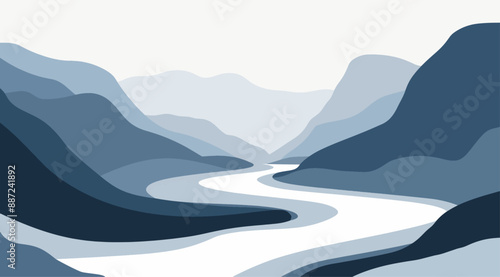 Winding road through mountains. Minimalist landscape in shades of blue.