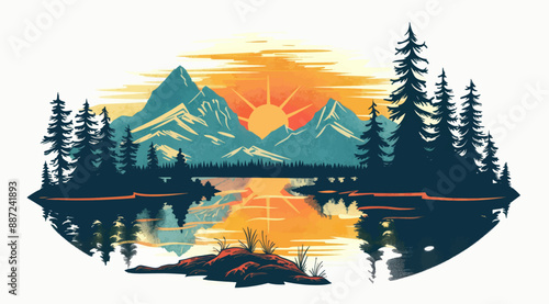 Obraz na płótnie Sunrise over mountains with lake reflection. Silhouetted pine trees and vibrant colors. w salonie