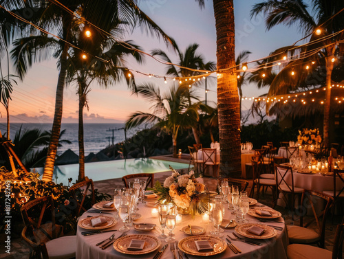 Beautiful restaurant wedding event venue, outdoors and tropical location at night