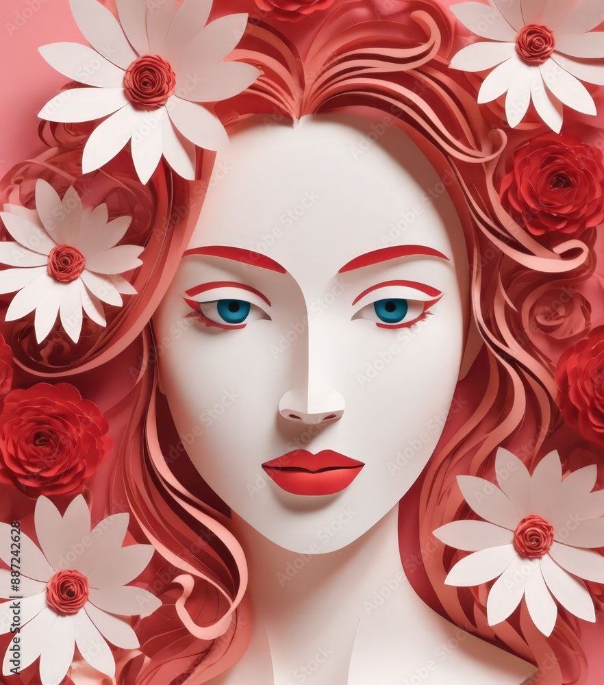 A woman with a flower design on her head and red lips painted like flowers. A woman with a flower design on her head and red lips painted like flowers.