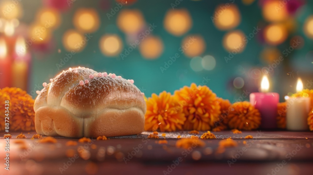 Dia De Los Muertos pan de muerto, vibrant and colorful traditional bread with sugar coating, marigold flowers, cultural celebration, photorealistic style, high resolution Dia De Los Muertos pan de muerto, vibrant and colorful traditional bread with sugar coating, marigold flowers, cultural celebration, photorealistic style, high resolution