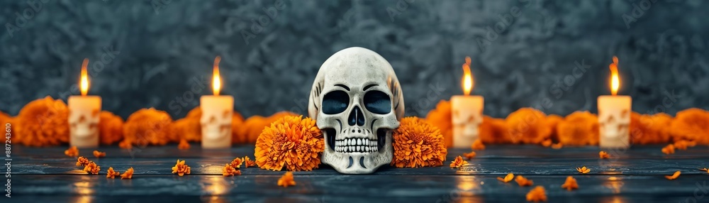 Dia De Los Muertos ritual practices, families performing cultural rituals with marigold flowers and candles, traditional attire, photorealistic style, high resolution Dia De Los Muertos ritual practices, families performing cultural rituals with marigold flowers and candles, traditional attire, photorealistic style, high resolution