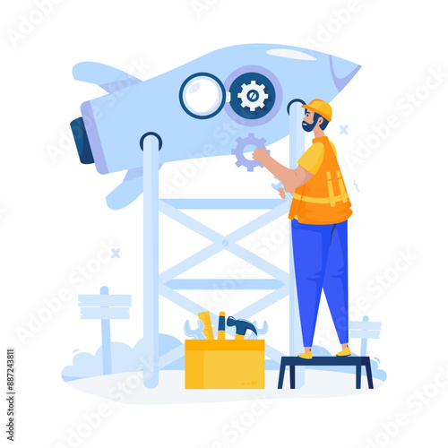 A technician upgrading a rocket engine vector illustration