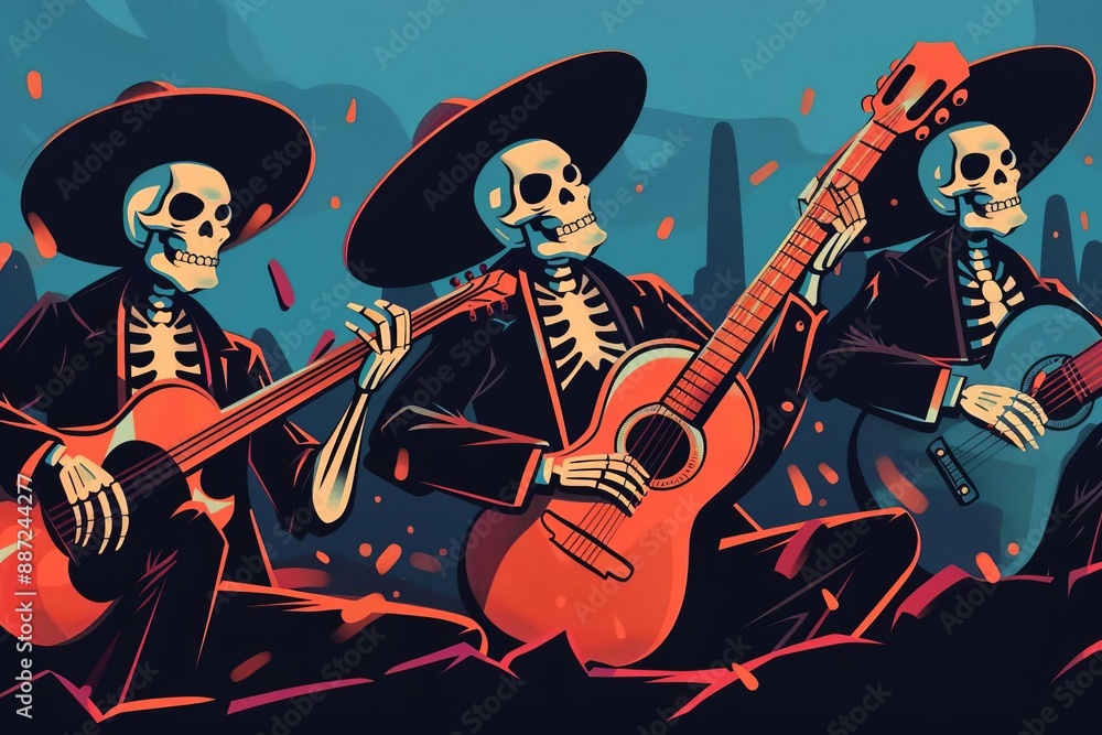 Obraz premium Dia De Los Muertos traditional music, vibrant Mariachi band playing festive songs, colorful attire, cultural celebration, lively atmosphere, photorealistic style, high resolution