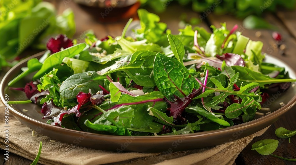 Fresh mixed green salad on a ceramic plate, featuring an assortment of leafy greens, spinach, and purple lettuce on a wooden table setting.
