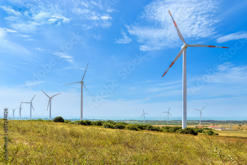 Landscape of turbines generating electricity from wind in Binh Thuan province, Vietnam