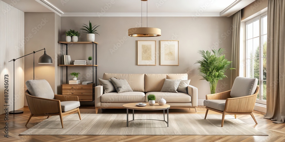 Fototapeta premium Modern beige living room with a cozy sofa and stylish chair, room, interior, beige, chair, sofa, home, furniture, design