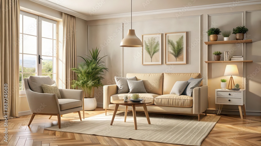 Cozy room interior with beige sofa and chair, room, interior, beige, sofa, chair, cozy, comfortable, modern