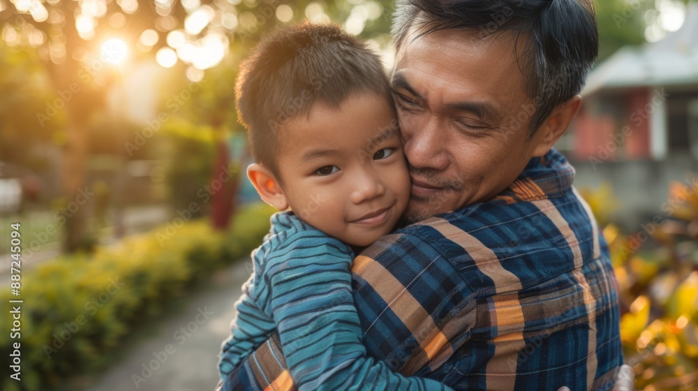 Fototapeta premium A father lovingly cradles his young son, his eyes closed as he leans in close to the boy. The sun casts a warm glow on the pair, highlighting their smiling faces