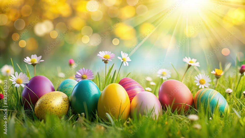 Colorful Easter eggs on grass in a springtime setting, Easter, eggs, hunt, holiday, tradition, festive, colorful, decorations Colorful Easter eggs on grass in a springtime setting, Easter, eggs, hunt, holiday, tradition, festive, colorful, decorations