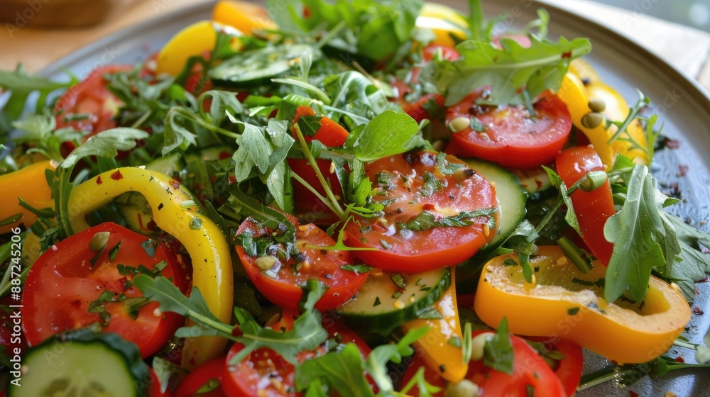 Organic Summer Salad with Tomatoes Peppers Arugula and Cucumbers Organic Summer Salad with Tomatoes Peppers Arugula and Cucumbers