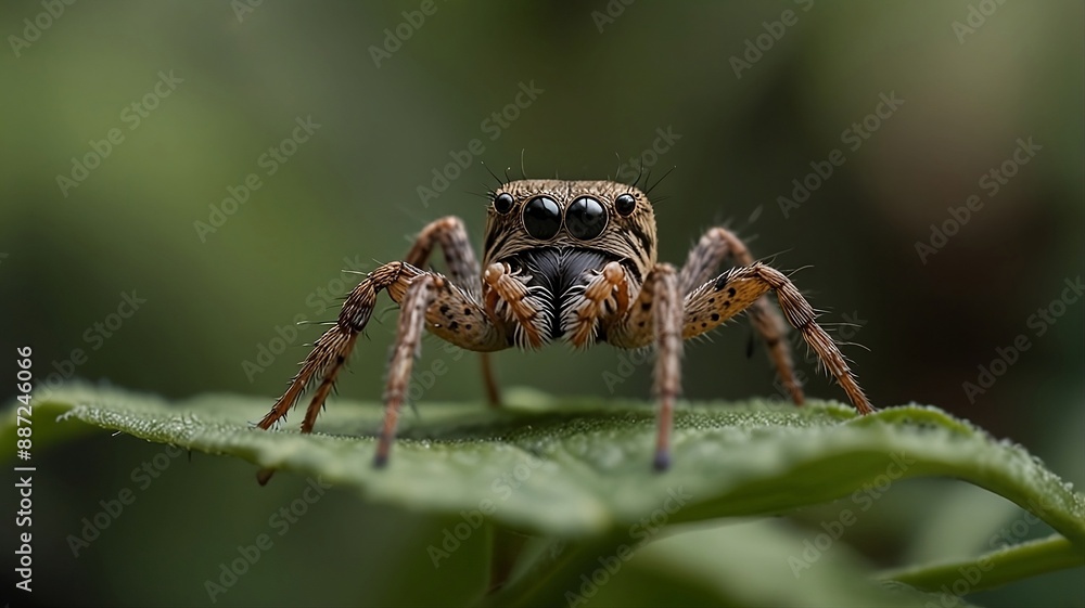 Fototapeta premium Macro view of cute spider sitting on green leaf