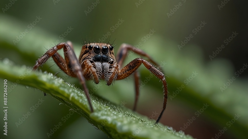 Fototapeta premium spider on a leaf, Macro view of cute spider