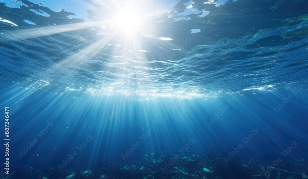 Blue sea water crossed by sun rays, deep blue marine background