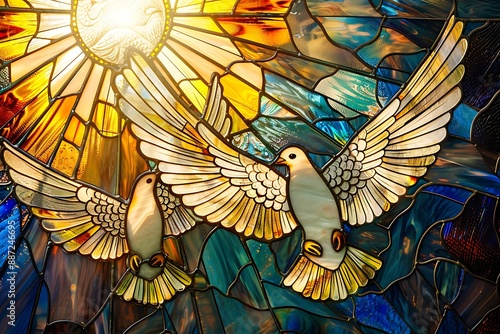 Stained Glass Window with Doves.