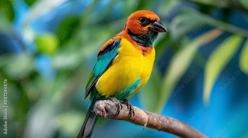 A close-up of a bird perched on a branch, displaying vibrant feathers, isolated. A close-up of a bird perched on a branch, displaying vibrant feathers, isolated.