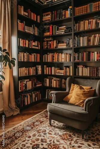 Comfortable seating area in home office with bookshelf, rug, and chair for business and leisure reading