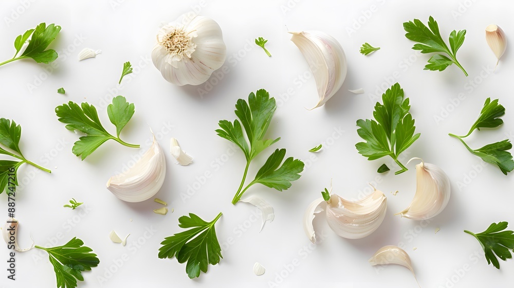 Garlic with leaves of parsley isolated on white. Garlic with leaves of parsley isolated on white.