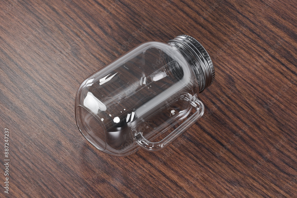 Rendering of transparent glass mug jar with metallic lid and white straw hole placed on wooden background for product label mockup presentation on acute angle Rendering of transparent glass mug jar with metallic lid and white straw hole placed on wooden background for product label mockup presentation on acute angle