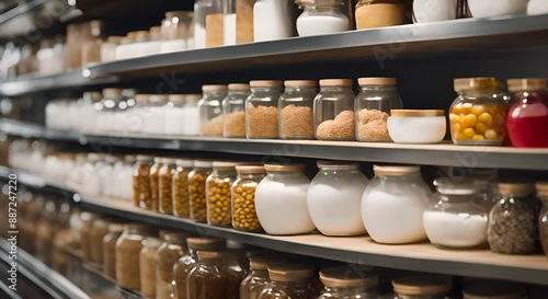 Glass jars and bottles on shelves, containing natural organic food ingredients
