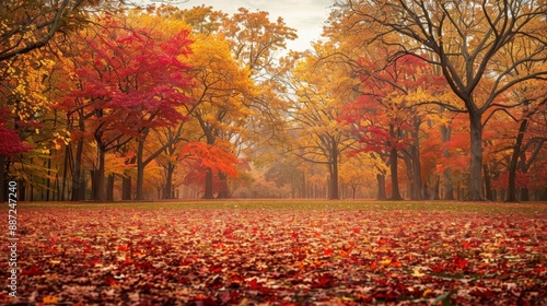 Autumn Park Background: Serene scene with trees ablaze in vibrant red, orange, and yellow leaves, and a carpet of fallen foliage covering the ground, evoking autumn's beauty.
 photo