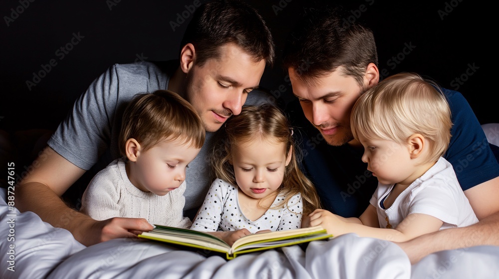 Parents reading a bedtime story to their kids, all gathered.