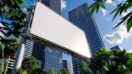 Urban outdoor area featuring a tall, white billboard in a sunlit setting. photo