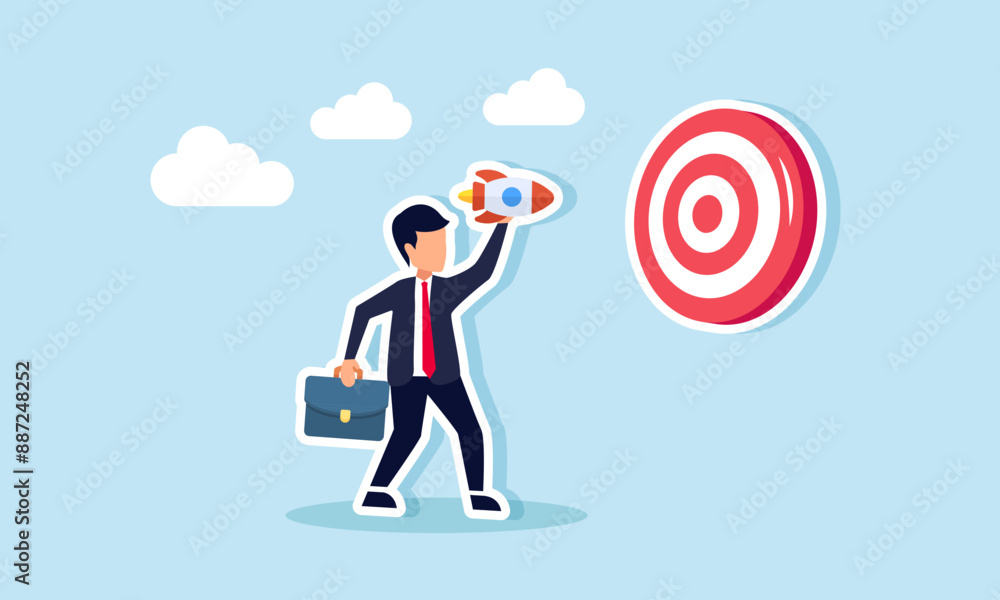 Startup targets success with new product launches, aiming for business achievements, marketing goals, and project plans, concept of A confident businessman launches a rocket to hit the bullseye Startup targets success with new product launches, aiming for business achievements, marketing goals, and project plans, concept of A confident businessman launches a rocket to hit the bullseye