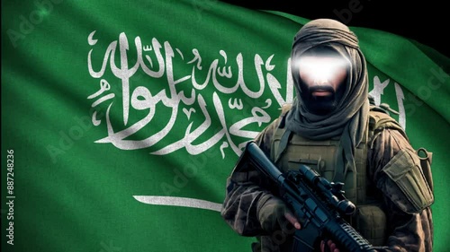 male KSA Saudi Arabian soldier holding weapon in front of KSA flag waving in the wind, in slow motion, with visible fabric texture against black background.	
