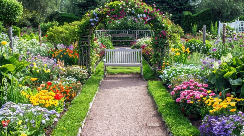 Obraz premium Flower Garden Background: A lively garden bursting with colorful blooms, meticulously arranged in beds and borders, featuring a quaint bench and decorative archway. 
