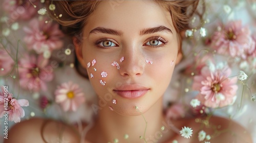 Close Up Portrait of a Young Woman with Flowers