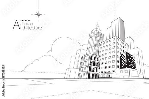 3D illustration, abstract modern urban landscape line drawing, imaginative architecture building construction perspective design.